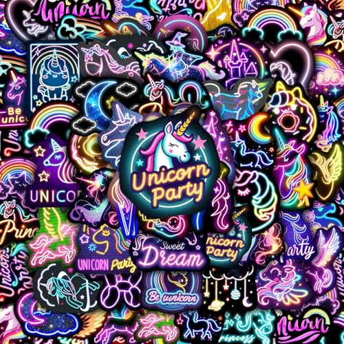 50 Pezzi Adesivi Bambini, Unicorni Stickers Neon Adesivi Vinile Impermeabili Sticker per Pc Computer Portatile Chitarra Skateboard Bottiglia Auto Moto Biciclette Valigia