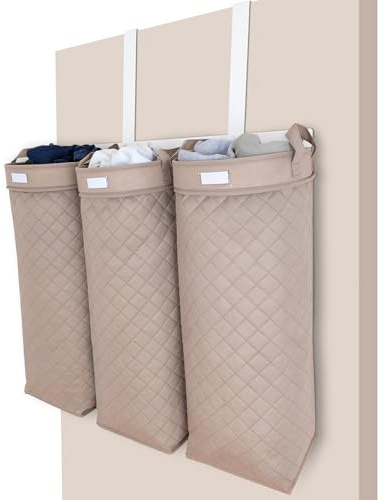 oliello® – Tür-Wäschesack zum Aufhängen mit 3 Fächern – platzsparender Wäschekorb & Wäschetrenner für strukturierte Wäsche – hängendes Wäschesortiersystem (Beige)