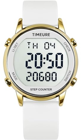 TIMEURE Pedometer Watch for Women, Step Counter for Walking No App/Phone Required Step Counter, Waterproof Fitness Calorie Tracker, Distance Tracking, Alarm, Large Digital Display, TU-2509 (White)
