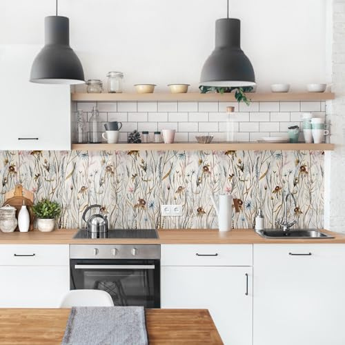 micasia Crédence de cuisine adhésive imperméable fleurs sans joint revêtement mural prairie fleurie film rigide mat beige fond de hotte style vintage 2297 (400x70cm)