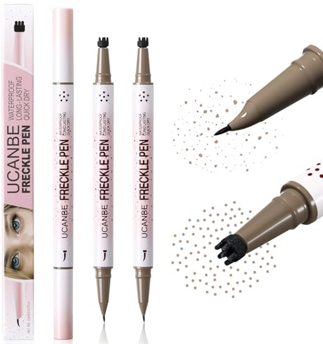 UCANBE 2 PCS Lápiz y Sello para Pecas de Doble Punta(01 Marrón Claro) | Punta Curva Precisa 15° Maquillaje Resistente al Agua y a las Manchas,Lápices para Pecas Artificiales de Larga Duración