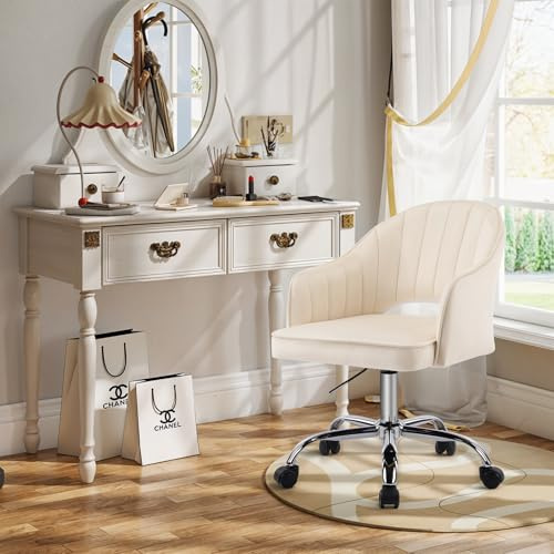 Fiximaster Silla Escritorio y Silla tocador giratoria con Altura Ajustable, ergonómica de Terciopelo, Ideal para Estudio o Dormitorio, hasta 115 kg (Blanco Crema)