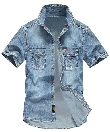 Chemise en jean à manches courtes pour homme - Chemise d'été en denim à manches courtes - Boutons pression classiques - Bleu clair - Coupe droite - Chemise à manches courtes boutonnée - Look usé