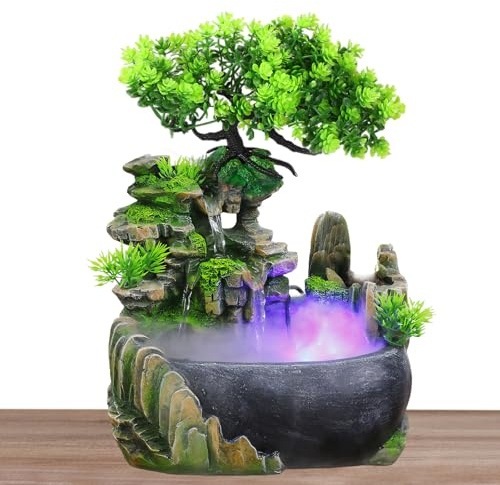 Fontana per Interni a Cascata, Fontana da Tavolo per Interni con Illuminazione a LED e Atomizzatore, Fontana verde Pianta Fontana, Salotti e Uffici, Pulisce l'aria (20 x 15 x 28 cm)