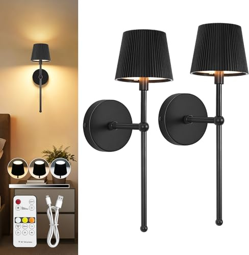 Dehobo Apliques de Pared Interior de 2, Lámparas de Pared LED Regulables | Apliques de Pared 3 Colores con Control Remoto, Lámparas de Pared LED Inalámbricas de Metal de para Dormitorio Negro