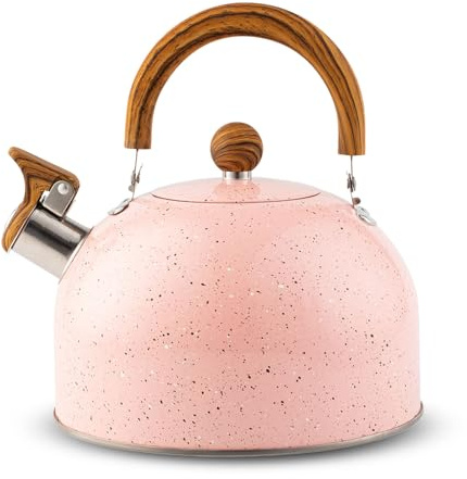Wasserkessel, 3L Moderne Wasserkessel Induktion, Rosa Edelstahl-Teekanne, Flötenkessel mit Holzmasergriff, Wasserkocher für Tee Kaffee, Geeignet für alle Herdarten