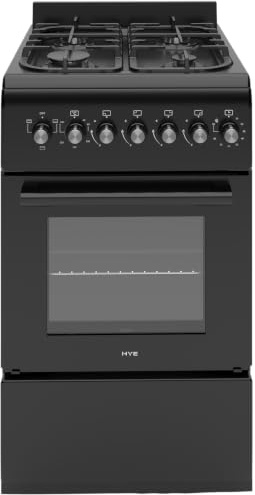 HYE Gas Cooker - Versatile 4 Burner Gas Hob, Electric Oven | Smart Cooking Controls & Programs, 50cm Width, Freestanding Design, Black, Ideal For Smaller Kitchens & Couples