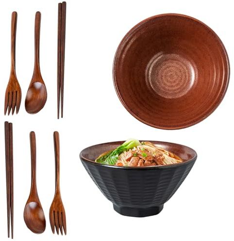 Aartner Set di 2 ciotole ramen, da 1600 ml, in ceramica, con bacchette, forchetta e cucchiaio, lavabili in lavastoviglie, per tagliatelle, zuppe, cereali, insalate, regali (rosso fiamma)