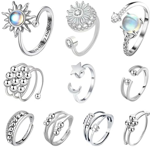 MLPKOI 10 Anello Antistress per Donna, Impilabili Anelli Antistress, Anelli Spinner Con Perline, Regolabile Aperto Fidget Ring, Anellos Aperto Regolabile per Ragazze Adolescenti, Donna di Ansia