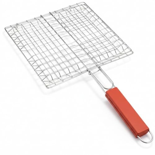 Parrilla para Barbacoa, parrillera, cocinar a la brasa, carne, pescado Canasta asado de Acero Inoxidable portátil Plegable, Mango de madera. (32x32-60cm)