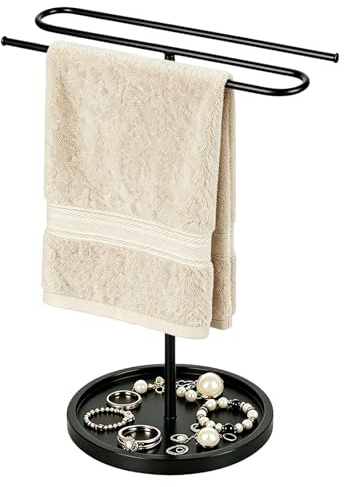 GREATRICH Porta Asciugamani Bagno, Piantana Porta Asciugamani, Porta Salviette Bagno, Portasciugamani, Nero con Base in Legno Massiccio, Asta a S Per 2 Asciugamani, Ideale per Cucina e Bagno