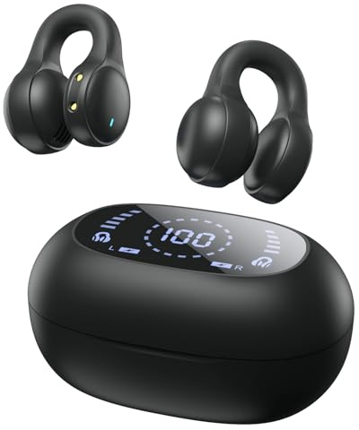 Écouteurs Bluetooth Sans Fil, Oreillette Bluetooth Sans Fil avec Microphone Intégré, Écouteurs Clip Oreille Ouvert avec 3D HiFi Stéréo pour Deporte Voyage Études, USB-C Charge Casque Écran LED, Noir