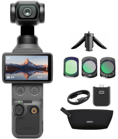 DJI Osmo Pocket 4 Essential Combo mit Filter 3-Set + Stativ + Selfie Licht | 1″ CMOS und 4K/240fps Pocket Gimbal Vlog Kamera, 3‑Achsen-Stabilisierung, 2× verlustfreier Zoom, 107 GB integrierter Speicher