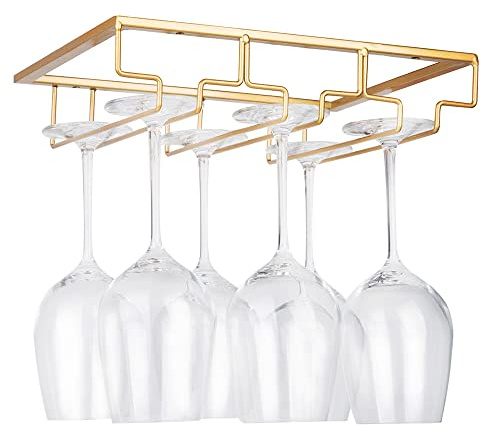 FOMANSH Wine Glass Rack - Under Cabinet Stemware Wine Glass Holder Glasses Storage Hanger Metal Organizer for Bar Kitchen Gold
