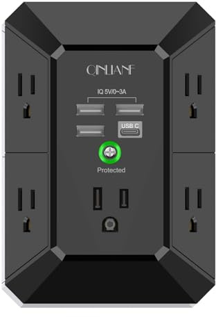USB Wall Charger, Surge Protector, QINLIANF 5 Outlet Extender with 4 USB Charging Ports (4.8A Total) 3-Sided 1680J Power Strip Multi Plug Outlets Wall Adapter Spaced for Home Travel Office, Black