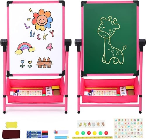 Kids Art Easel Double Sided Iron Easel Whiteboard Chalkboard 26inch-43inch Height Adjustable 360° Rotating Easel Standing Drawing Board with Bonus Letters and Numbers(Pink)