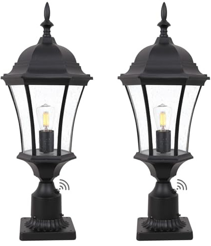 GOALPLUS 24in Dusk to Dawn Aluminum Light Post Outdoor Lamp Post Light Fixture for House Exterior Black Yard Pier Mount Lantern with Seeded Glass, 2 Pack Outside Pathway Column Lights, LMMS4610-MBK-2P