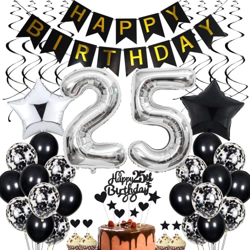 25. Geburtstag Dekoration Schwarz-Weiß - Partydekoration für Männer und Frauen - Tortendeko Black and White