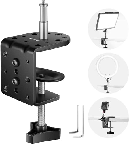 NEEWER Heavy Duty C Clamp with Mounting Column for Light Bracket, Adjustable Metal Desk Clamp with 1/4 3/8 Screw for Ring Lighting, Max Load 44 lb/20kg, St-CCD1