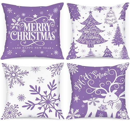 Lanpn 4 Stück Weiß und Lila Kissenbezug Weihnachten Kissenhülle 45x45 cm, Winterliche Schneeflocken Dekorative Weihnachtskissen für Weihnachtsdeko Christmas Bettwäsche Sofa Decorations (Violett)
