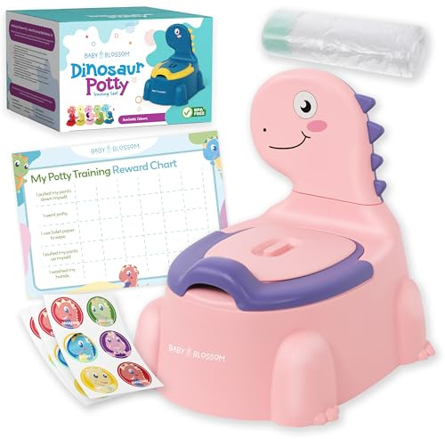 Dino Potty, Dinosaur Potty Training Set, Toilet Potty Seat for Boys & Girls with Splash Guard, Toddler, Lid & Comfortable Back Rest, Includes Free Liners & Reward Sticker Chart (Pink)