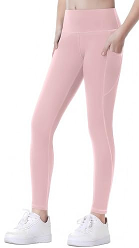 SEAUR Sportleggings för flickor, långa yogabyxor med 2 fickor, enfärgade, snäva joggingbyxor, löparbyxor, sportbyxor träningsbyxor, 120–160 cm, ROSA, 160 cm