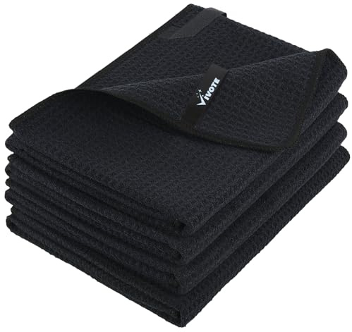 VIVOTE Mikrofasertücher, Schwarz Waffeltuch Küchentücher, 50x70cm, 280g/m² | Geschirrtücher für Küche, Premium Küchentuch Tücher, Hochsaugfähig & Langlebig Fusselfrei Geschirrtuch 4 Stück