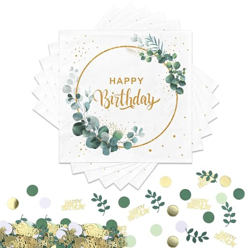 Goldenland 40 Stück Servietten Geburtstag Eukalyptus Grün, Servietten Happy Birthday mit 100pcs Geburtstag Konfetti, Geburtstag Deko Papierservietten Tischdeko für Junge Mädchen Party O