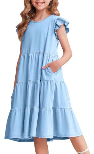 Arshiner Ragazze Abito Estivo con Maniche A Balze Abito per Il Tempo Libero in Cotone per Bambini con Scollo Rotondo Maniche Corte Swing Abiti da Festa per Bambine 4-14 Anni