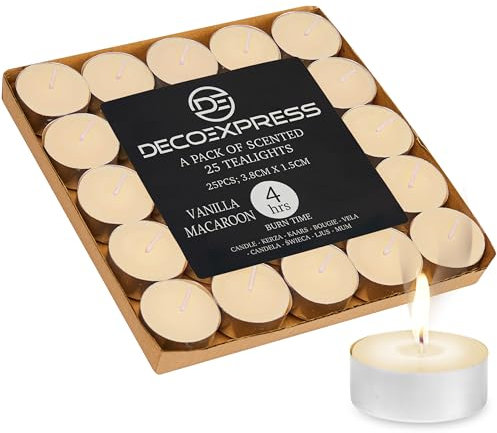 DECO EXPRESS Lot de Bougies Chauffe Plat de 200, 100, 50, 25 ou 24, Bougie Longue Durée de Combustion 4, 8 ou 10 Heures (Macaron Vanille 25/4 heures)
