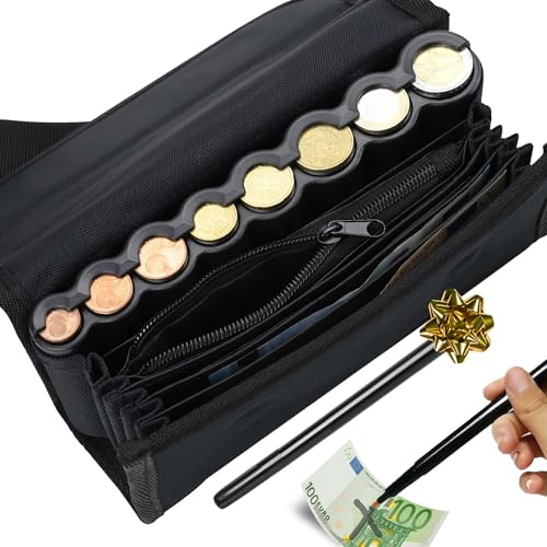 DALBUR®️ Cartera Dispensador de Monedas y Billetes + Bolígrafo Detector Billetes Falsos - Riñonera Camarero y Dispensador de Monedas para Taxi, Camareros, Vendedores (Negro + Riñonera)