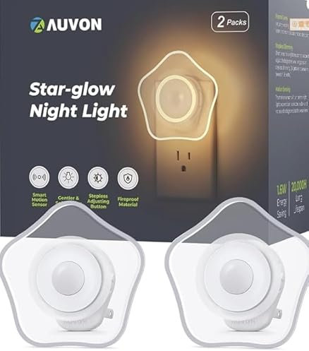 AUVON Estrella luz nocturna infantil con Sensor Movimiento, 2 Unidades Luz Cálida LED con 1-50 lm, Brillo Ajustable para Bebe Dormitorio Infantil, Baño, Cocina, Escalera