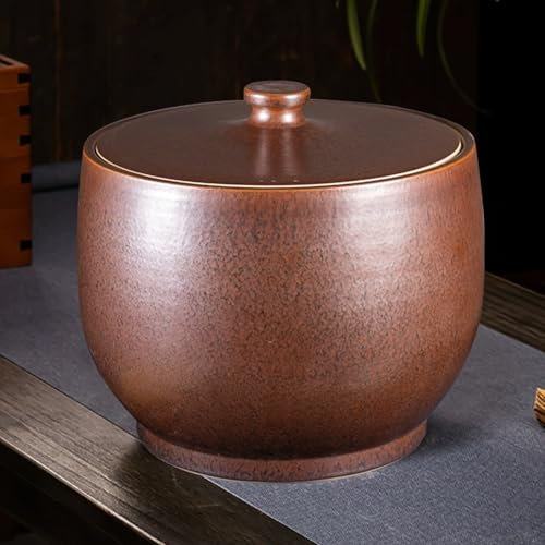 YUGXTH Ceramic Rice Bucket, Large Ceramic Jar with Lid, Ceramic Rice and Grain Storage Container, Grain Storage Food Dispenser, for Soybeans Corn Flour Oatmeal(Brown,15kg)