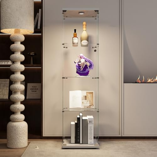 KeepGoon Moderner Sammlerschrank aus Glas, vierschichtig, Glasvitrine mit 4 Einlegeböden und 1 Türen, mit LED-Beleuchtung, geeignet für Wohnzimmer, Schlafzimmer, Büro (weiß)