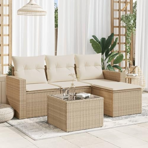 IKAYAA 5-TLG Rattan Gartenmöbel Set mit Stauraum Gartenlounge Balkon Lounge Gartenmöbel Klein Rattan Sofa Balkon Ecklounge Gartensofa Ecksofa Loungemöbel Terrasse-Beige und Creme Type-25