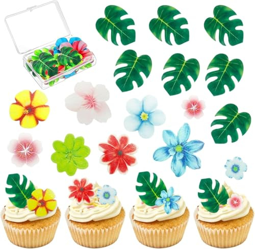83 Stück Essbare Blumen mit Blätter, Essbare Blätter Tortendeko | Essbare Blumen für Torte, Geburtstag Tortendeko, Hawaiianischer Dschungel Geburtstagsparty Dekorationen für Cupcakes