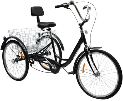 UZAMIRLEX Adult Trike Bike, Dreirad for Erwachsene, 24 Zoll, 3 Räder, 6 Geschwindigkeiten, mit Korb, verstellbarem Sattelgriff, Alu-Rahmen, Schwarz