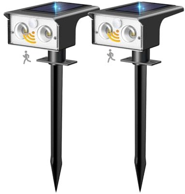 btfarm 2 Pezzi Luci Solari da Giardino con Sensore di Movimento, 3 Modalità Faretti Solari a LED da Esterno IP65 Impermeabile, 120° Faretto Lampade Solare Potenti per Cortile Prato, Bianco Freddo