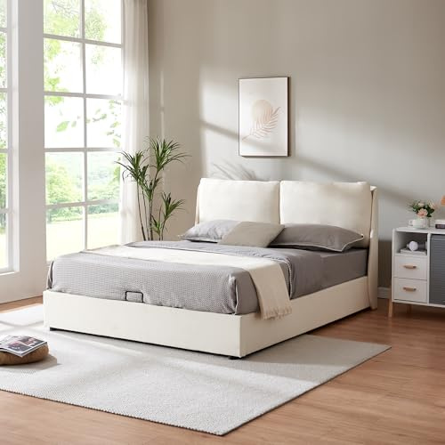 [en.casa] Struttura Letto Matrimoniale 160 x 200 cm con Zona di Riposo Ribaltabile e Contenitore Letto a 2 Piazze con Testiera Imbottita - Beige