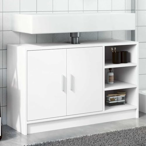 QUAHEAS Tvättställsskåp, vit, 90 x 29 x 55 cm, modernt badrumsskåp av trämaterial, lättskött med gott om lagringsutrymme för badrum, lämpligt för enkelhandfat