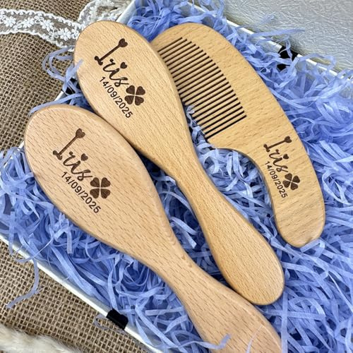 Personalisiertes Baby-Bürstenset Aus Holz, Individuell Gravierte Symbole Und Schriftarten, Baby-Bürsten- Und Kamm-Set, Unverzichtbare Utensilien Für Neugeborene, 3-teilig