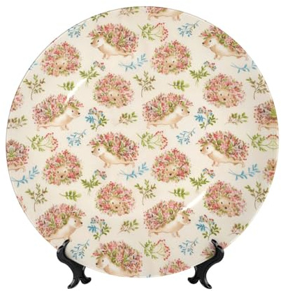 PHAYAH Platos decorativos de porcelana con soporte, diseño floral de erizos, placa redonda para cocina, comedor, gabinete de vino, decoración del hogar, 8 pulgadas