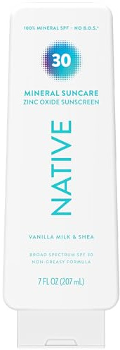 Native Mineral Sunscreen Lotion SPF 30, Vanilla Milk & Shea Scent, with 100% Mineral Zinc Oxide for Face & Body, Hawaii Compliant, Vegan, No White Cast - 7 oz