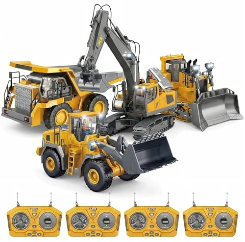 Gdsigo 4-Pack RC Construction Vehicles Set, Alloy Excavator Dump Truck Bulldozer Loader, 2.4GHz Interference-Free Remote Control Trucks, Sandbox Digger Toys for Boys with Lights