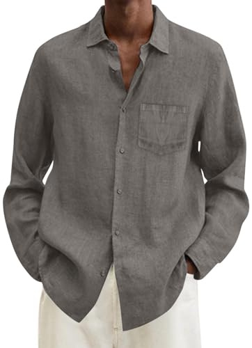 Camisa Informal de Lino y Algodón para Hombre Manga Larga con Cuello Vuelto Holgada y Cómoda para Verano