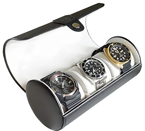 CASE ELEGANCE zylindrische Uhrenbox aus Vegan Leder in Schwarz für 3 Uhren