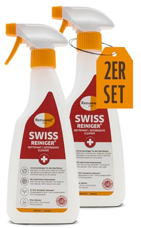 Renuwell Swiss Reiniger, 2x 500 ml – kraftvolle schonende Reinigung ohne Alkohol, entfernt Fett, Schmutz & Ablagerungen, für Holz, Kunststoff, Metall & Stein, Schweizer Qualität