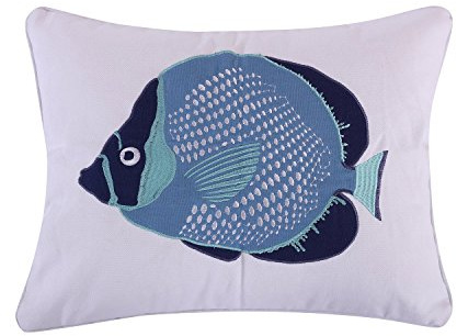 Levtex Home - Camps Bay - Decorative Pillow (14 x 18in.) - Embroidered Fish - Blue, Teal, Navy and White