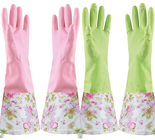 KINGFINGER Guanti per la pulizia in lattice di gomma, 2 paia di guanti per lavare i piatti, guanti lunghi e foderati in floccato, taglia M