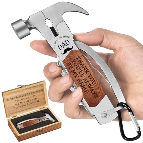 VEITORLD Gifts for Dad from Daughter Son Kids, Unique Birthday Gift Ideas for Men Stepdad Papa, All in One Tools Hammer Multitool with Engraved Wooden Box, Cool Gadgets(Dad are Hero)